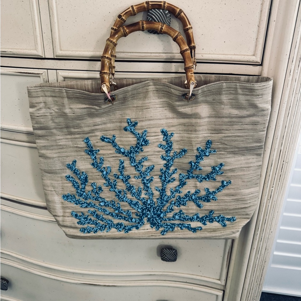 Tiana Tote with blue coral beaded artwork. NWT.